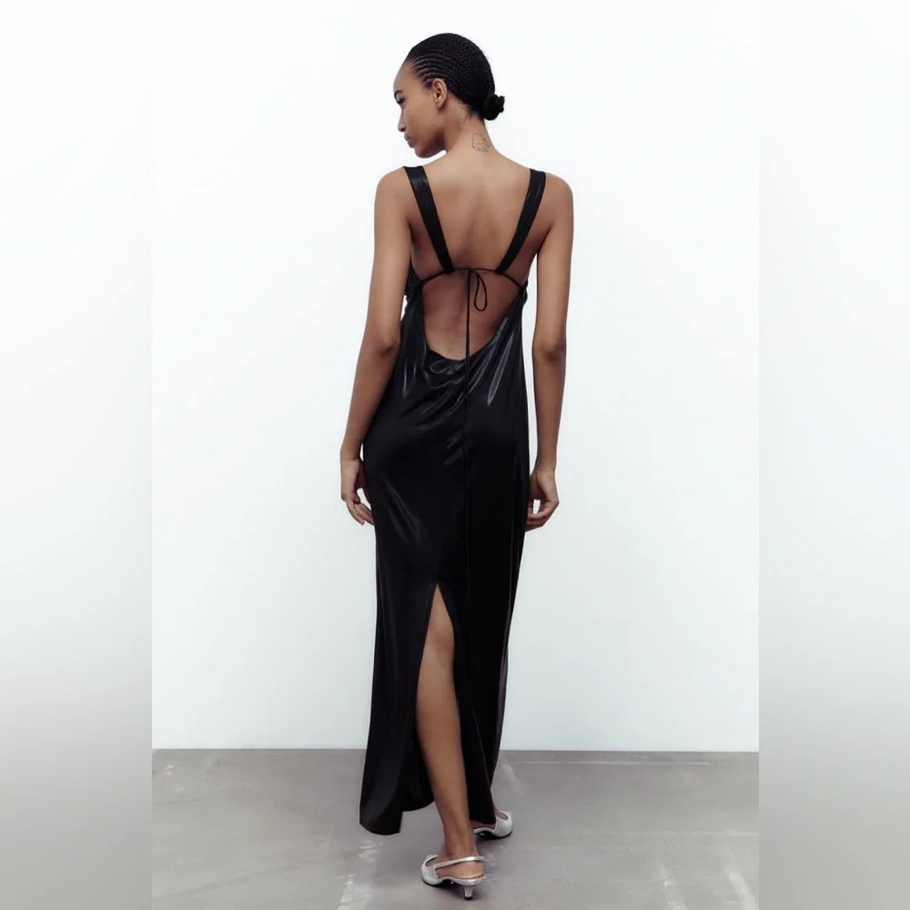 Zara NWT Long Ruched Dress in Black Metallic Maxi Open Back Size M Medium New - Picture 3 of 10